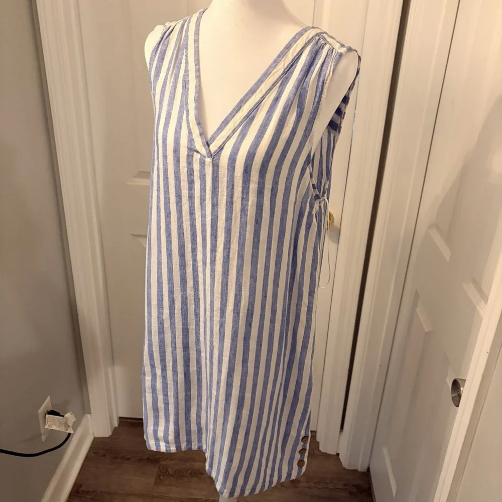 Nicole Miller 100% Linen V-Neck Dress Blue White Striped Popover Nautical Resort - Picture 4 of 10